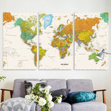 世界地图挂画挂图超大创意三联壁画办公室客厅书房背景墙画英文版
