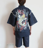 日本外贸原单纯棉男甚平浴衣和服日式短袖睡衣和服家居服龙鲤鱼