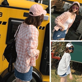 小蕾2016新款夏季韩版立领撞色格子衬衣宽松女式长袖棉麻衬衫上衣