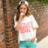韩国夏季卡通印花中袖学生宽松短袖t恤女纯棉中长款五分半袖上衣