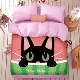 全棉小猫咪四件套纯棉磨KT猫床单人床笠卡通粉色1.5m1.8米床品