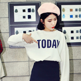 2015春装新款韩版高腰字母长袖薄款卫衣衫露腰短款T恤女休闲潮