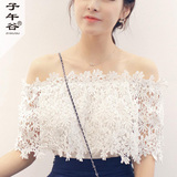 2016春季新品蕾丝衫女韩版甜美镂空一字领短袖上衣性感露肩雪纺衫