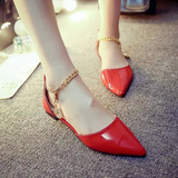 欧美尖头红色平跟单鞋夏季镂空链条浅口凉鞋漆皮平底瓢鞋时尚女鞋