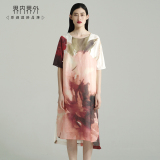 中国风中袖印花亚麻连衣裙原创女装复古典改良中式苎麻旗袍中长裙
