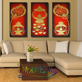 油画三联喜庆新中式红色高档抽象灯笼客厅沙发背景墙装饰画壁挂画