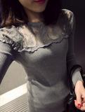 韩版新款性感显瘦长袖T恤秋冬天女装潮针织打底衫时尚蕾丝上衣服