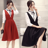 秋季女装裙子两件套2016新款韩版修身中长款长袖背带连衣裙套装