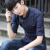 韩版代购男短袖衬衫夏季薄款修身横竖条纹亚麻半袖男士白衬衣商务