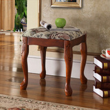 美式全实木梳妆凳雕刻 复古欧式布艺化妆凳换鞋小凳子古筝钢琴凳