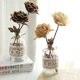 玻璃花瓶手工麻绳小号桌面复古美式乡村天然木片仿真玫瑰花套装