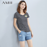 Amii女装旗舰店2016夏季新款条纹印花休闲修身大码短袖T恤海军衫