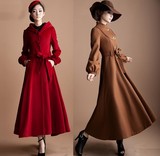 英伦秋冬新款学院女修身超长款外套红纯色羊毛呢大衣裙高端风衣帽