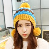 冬天女士毛线帽子黄色韩版保暖月子帽加厚加绒冬季护耳时尚针织帽