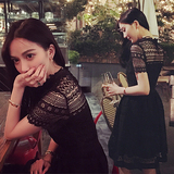 2016春夏新款韩版修身显瘦短袖镂空黑色蕾丝连衣裙女收腰性感中裙