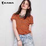 卡玛KAMA 2016夏季款女装 T恤 做旧条纹圆领短袖T恤女 7215577