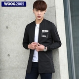 WOOG2005纯色立领风衣男青年 韩版修身中长款 春秋季黑色薄款外衣
