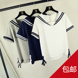 韩国2016春夏新款海军领学院风可爱女生系带短袖T恤学生打底上衣