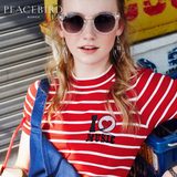 预售太平鸟女装2016夏季新款条纹简约刺绣针织衫 圆领短袖套头衫