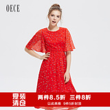 Oece2016夏装短袖雪纺连衣裙女装 圆领喇叭袖收腰碎花裙162FS186