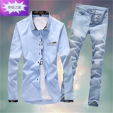 夏季男长袖衬衫套装青少年休闲运动套装男修身牛仔裤衬衫两件套潮