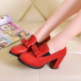 16春季新款红色婚鞋高跟鞋粗跟尖头深口单鞋女鞋蝴蝶结弹力布皮鞋