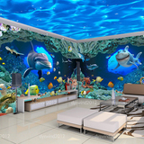 海底世界3d立体墙纸大型壁画海豚海洋卡通儿童房背景壁纸无缝墙布