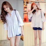 韩版夏季新款V领棉麻衬衫女宽松学生套头打底白上衣喇叭袖娃娃衫