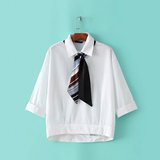 2016新款带领带的衬衫女夏韩版五分袖宽松显瘦学院风T恤白色衬衣