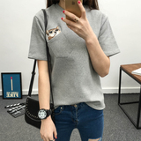 学生大码短袖女T恤夏天韩版2016新款女装绣花猫咪口袋宽松女上衣