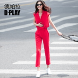 D－PLAY2016春款新 OL率性时尚红色连体裤 欧美风西装领收腰长裤