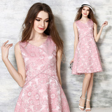 夏季新品a字裙中长款连衣裙粉色收腰显瘦无袖印花半身裙女