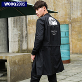 woog2005风衣男中长款 2016秋季新款修身外套薄 青年黑色风衣潮