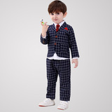 韩版秋装新款儿童格子长袖长裤西装男童套装中小童宝宝三件套潮