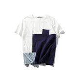 原创复古文艺方块拼接设计t恤男日系青年口袋短袖个性男装上衣潮