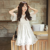 韩版学院风显瘦显高挑短袖连衣裙夏季新品 超美仙气蕾丝百褶中裙