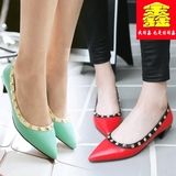 韩版红色一脚蹬单鞋女低跟 浅口尖头小皮鞋 薄荷绿女鞋黑色瓢鞋