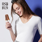 OSA欧莎2016夏季新款女装 白色针织衫百搭花边V领短袖T恤女B14118
