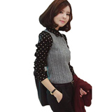 秋冬季女装韩版修身衬衣娃娃领假二件长袖外套头毛衣打底针织衫潮
