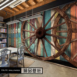 欧式复古3D立体木纹车轮壁画休闲餐厅奶茶店酒吧咖啡厅墙纸壁纸