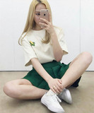 韩国夏装女装中长款短袖T恤上衣+少女高腰A字百褶半身裙学生套装