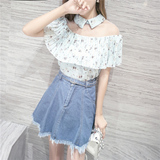夏季新款韩版女装网纱T恤百褶雪纺POLO领上衣碎花荷叶边衬衣领衫