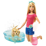 BARBIE 芭比娃娃系列可动人偶狗狗爱洗澡女孩过家家儿童玩具DGY83