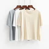 夏季新品破洞短袖圆领t恤衫女学生韩版纯色宽松半袖开叉白色T恤