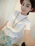 2016夏女韩版百搭短袖T恤立领半高领雪纺衫束腰收腰显瘦短款上衣