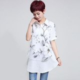 中年妇女装夏装韩版短袖衬衫中长款加肥加大码妈妈装宽松印花衬衣