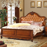 欧式实木床1.5米1.8米真皮靠背美式卧室床精美雕花复古软靠双人穿