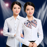 韩版修身女士竖条纹职业衬衫白色工装长袖衬衣 OL通勤大码女衬衣
