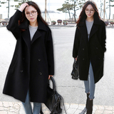 2016冬装韩版茧型修身气质双排扣毛呢外套女中长款加厚呢子大衣潮