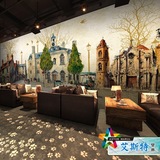 欧式3D街景油画大型壁画休闲奶茶店咖啡餐厅背景墙纸怀旧复古壁纸